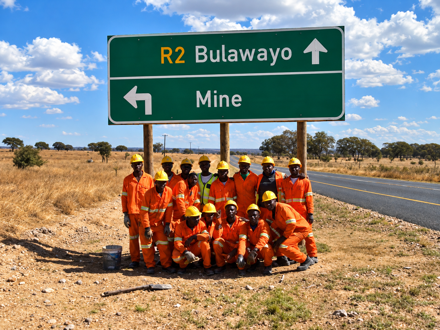Innovara road crew beside a Zimbabwe highway sign
