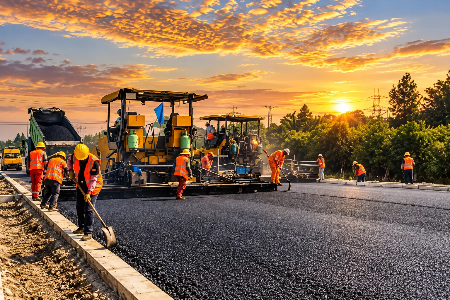 Road construction crew laying fresh asphalt at sunset